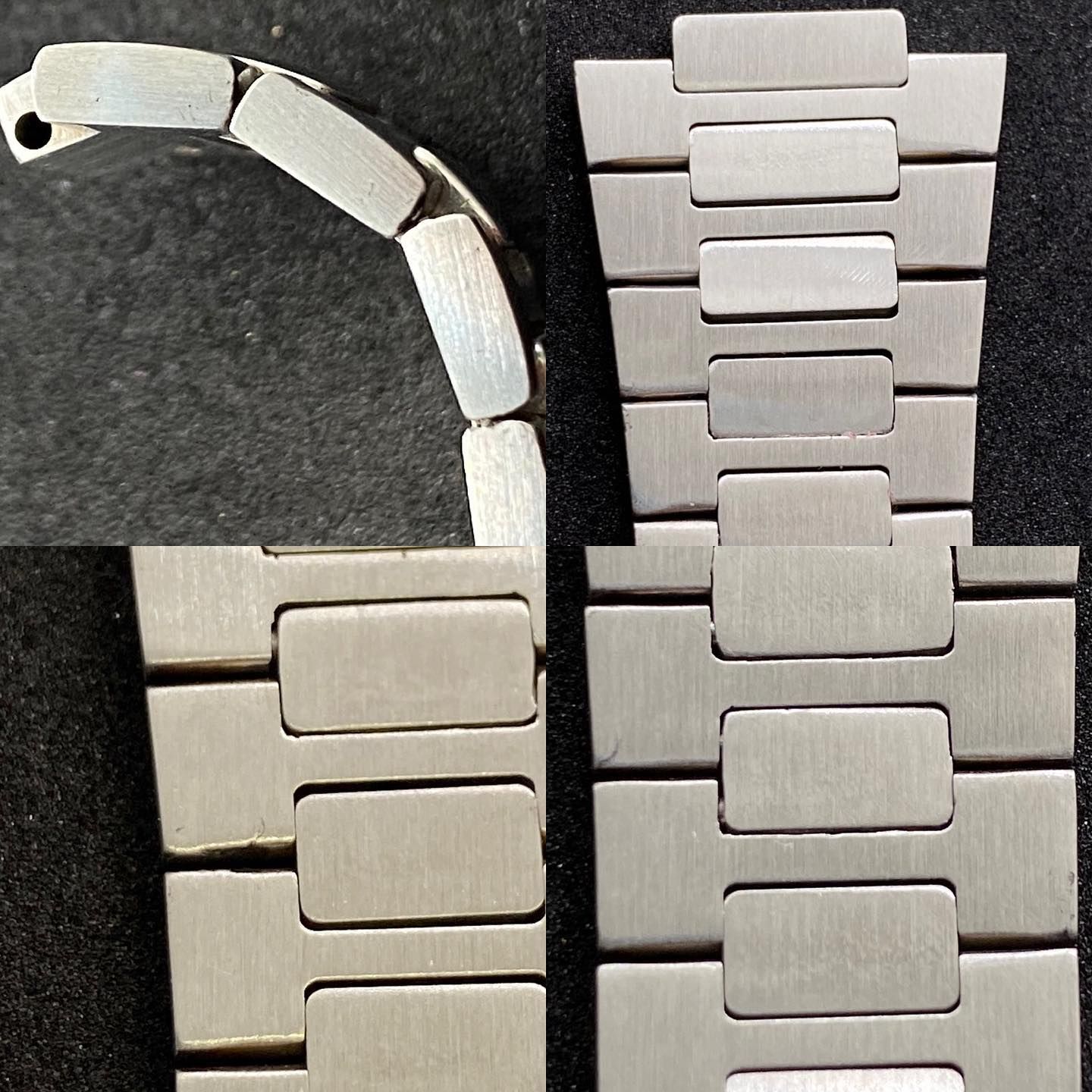 Collage ravvicinato di un bracciale per orologio in argento spazzolato con design a maglie multiple, mostrato di profilo e dall'alto.