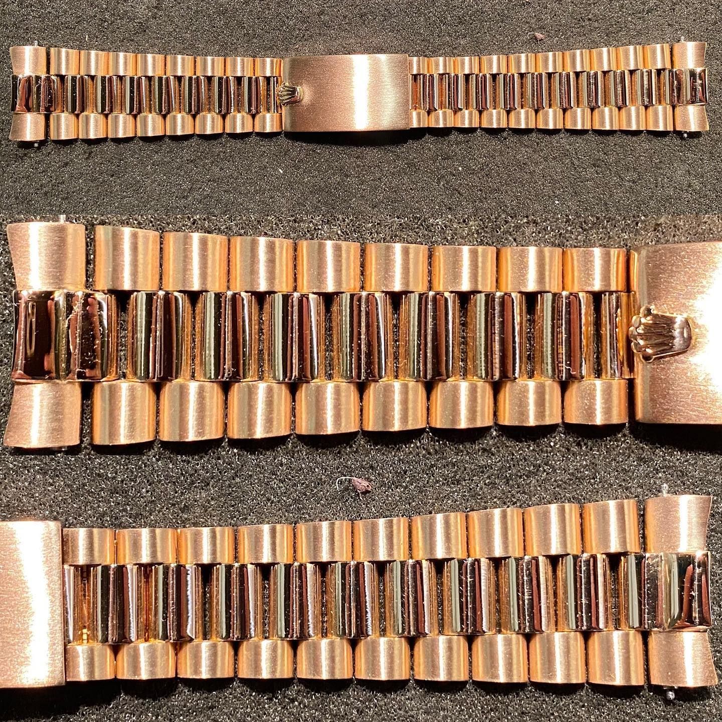 Tre segmenti di bracciale per orologio Rolex President in oro rosa con logo della corona ben visibile sulla chiusura.