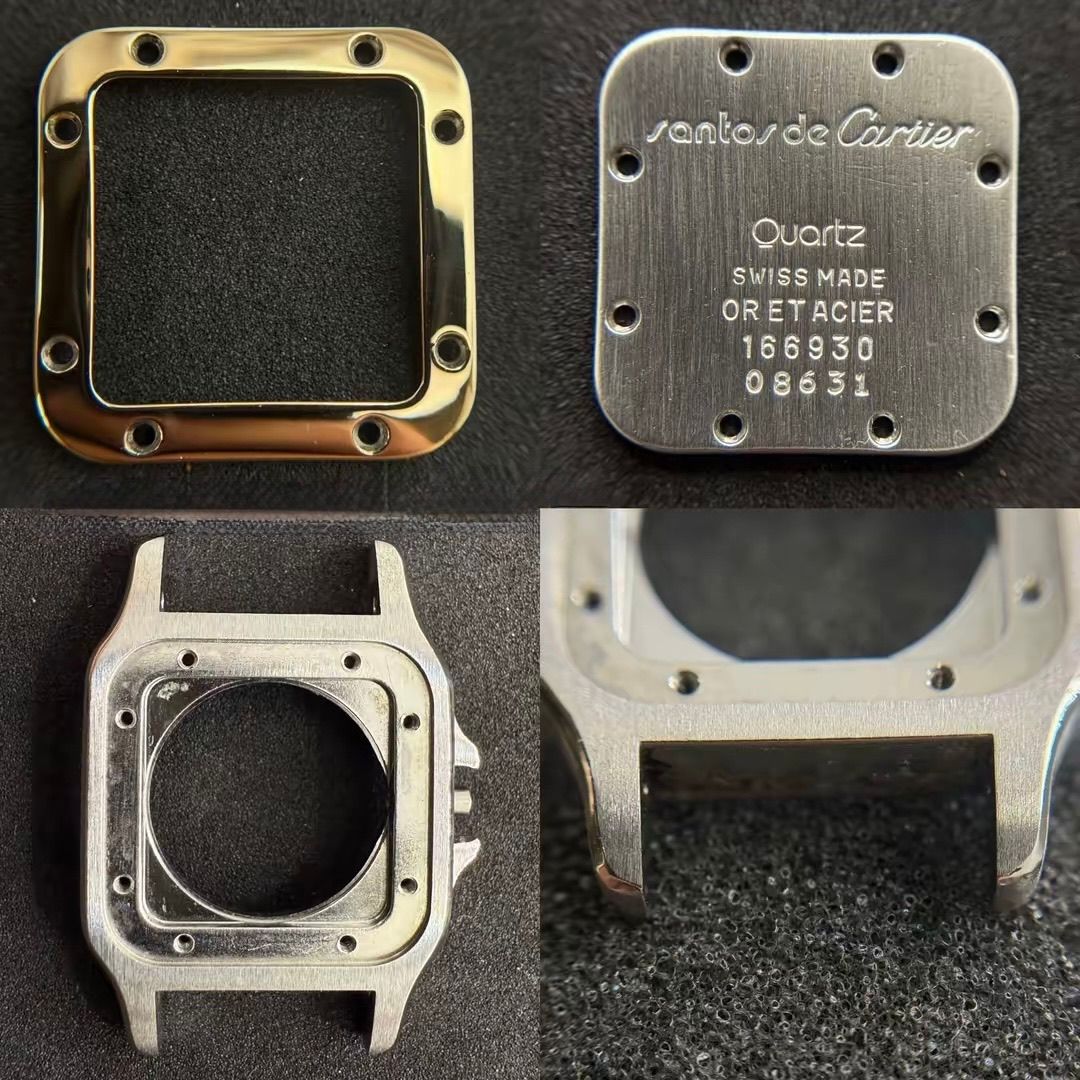 Quattro primi piani che mostrano parti smontate di un orologio Cartier Santos, tra cui la lunetta, il fondello e la cassa.