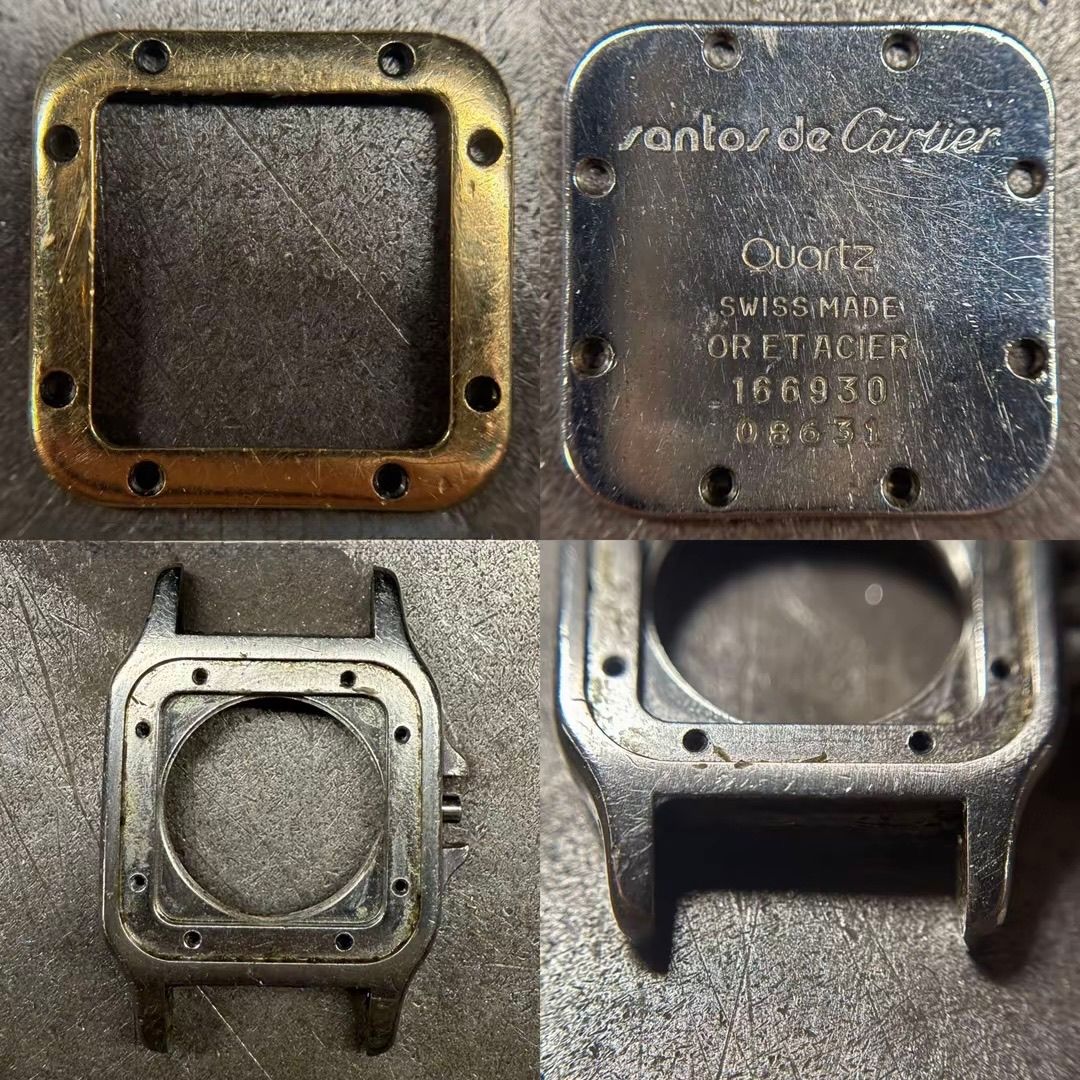 Quattro primi piani che mostrano le parti smontate della cassa di un orologio Cartier Santos in oro e argento e il suo fondello inciso.