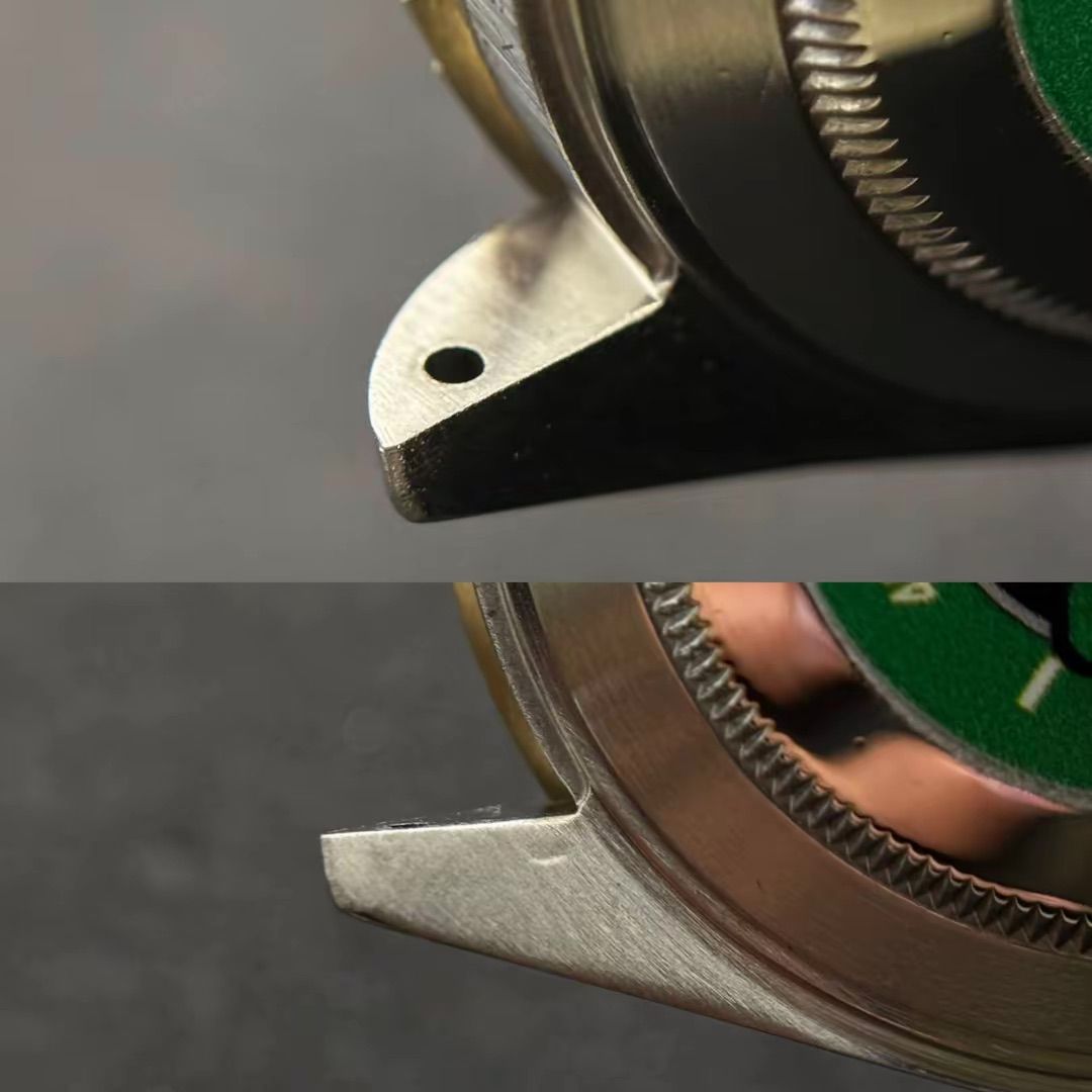 Due primi piani della cassa di un orologio metallico, con particolare attenzione al design delle anse e al bordo zigrinato della lunetta verde.