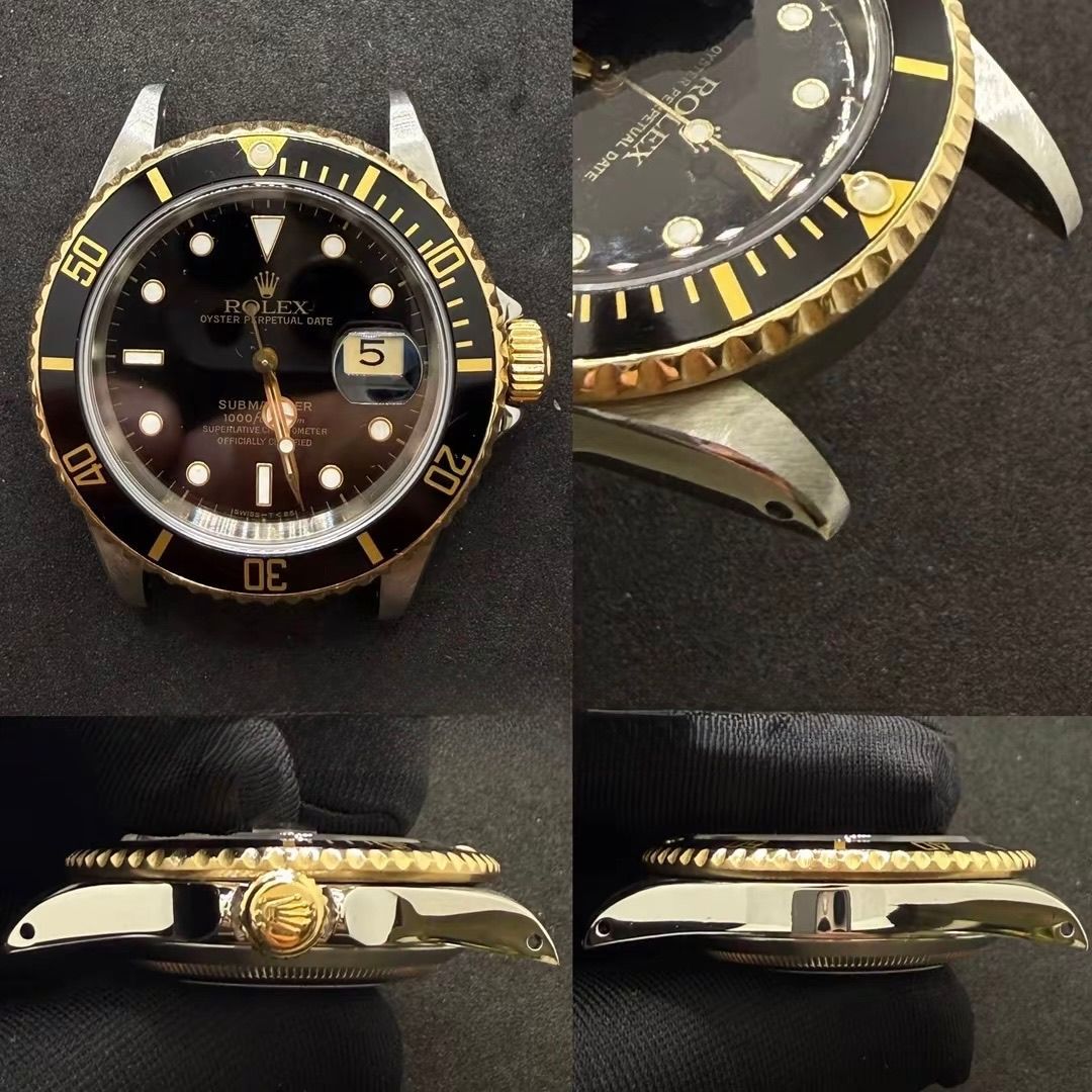 Quattro immagini di un orologio Rolex Submariner bicolore con quadrante e lunetta neri su sfondo scuro.