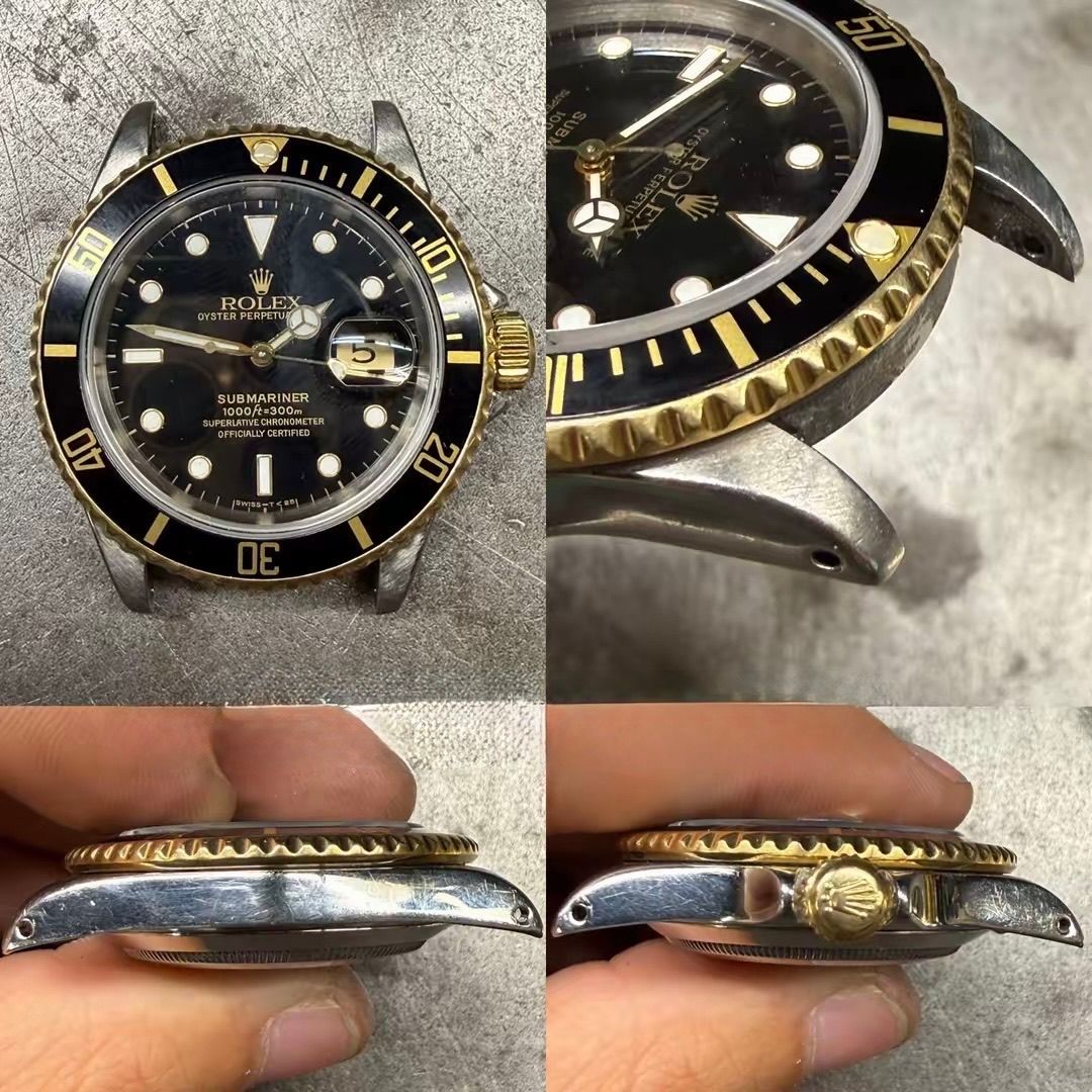 Un collage che mostra diverse angolazioni di un orologio Rolex Submariner bicolore usurato, con quadrante nero e lunetta con bordo dorato.
