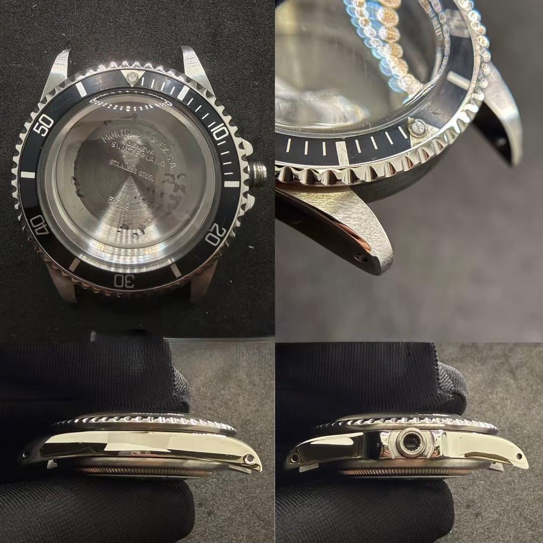 Una foto composita che mostra da diverse angolazioni la cassa di un orologio smontato, di colore argento, con lunetta girevole nera.