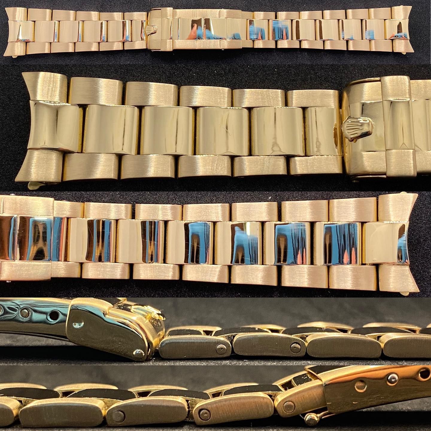 Un collage di bracciali in metallo color oro, caratterizzati da diversi design di maglie e meccanismi di chiusura.