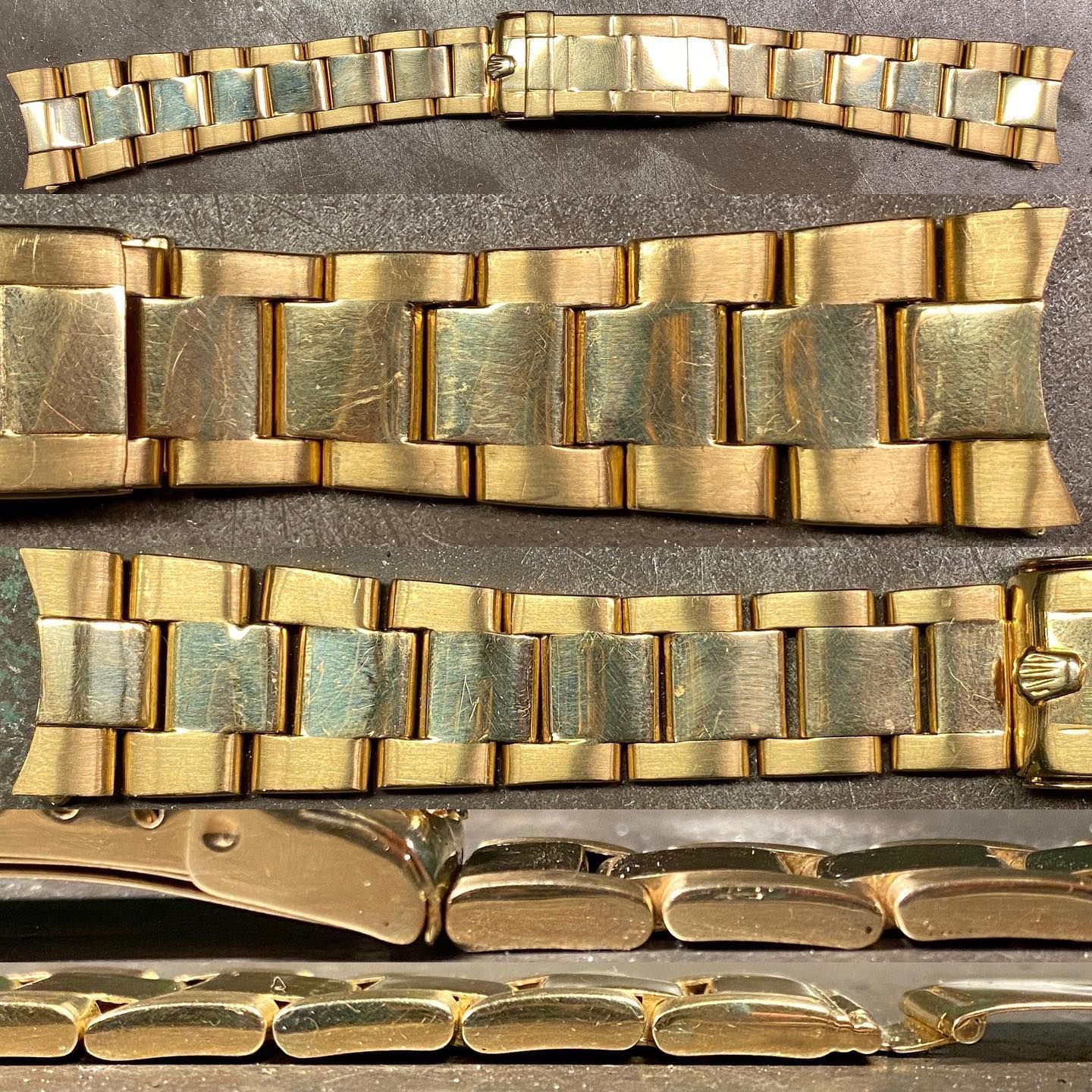 Bracciali per orologi in metallo color oro, distesi in piano, che mostrano le maglie, le estremità curve e la chiusura con il logo Rolex.