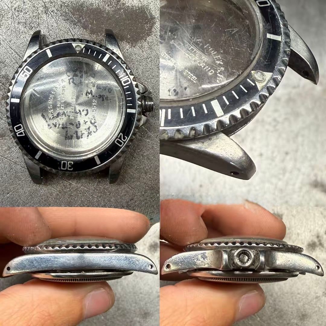 Quattro viste di una cassa di orologio in metallo con lunetta nera, che mostrano segni di riparazione o manutenzione sul fondello.