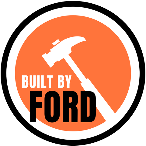 A logo that says built by ford with a hammer