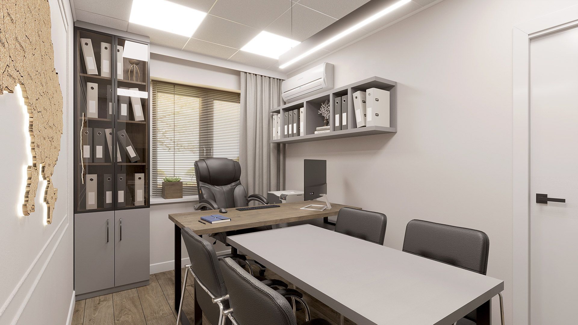 A room with a table , chairs , shelves and a window.