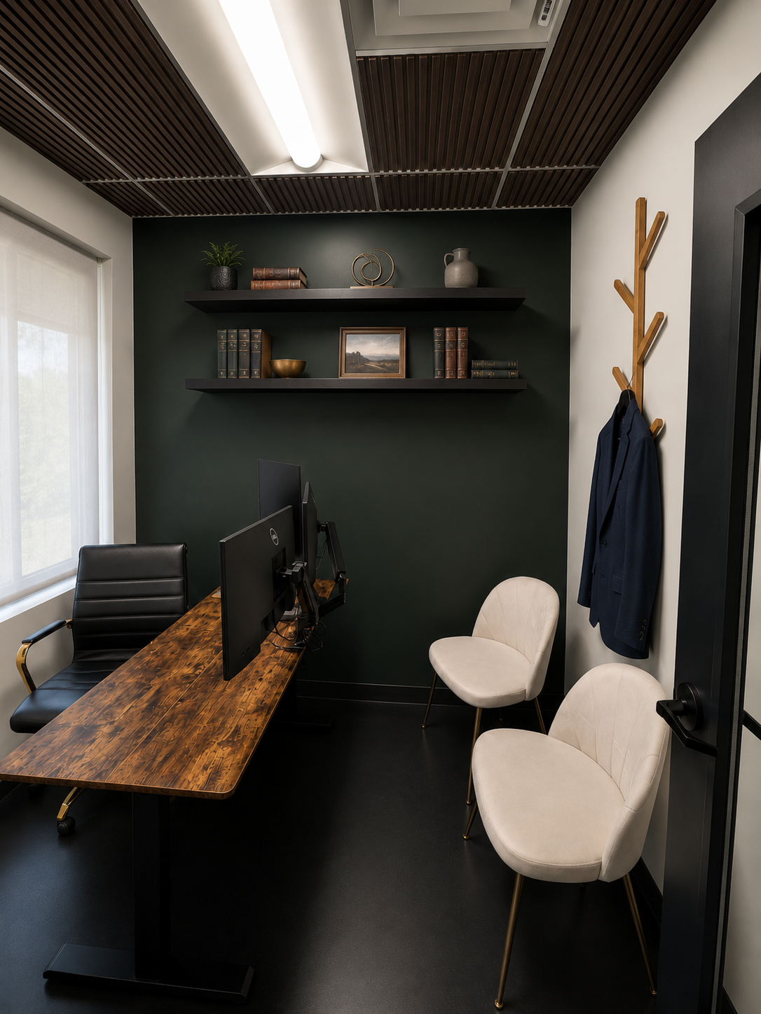 Office cubicle with a desk, computer monitors, and a chair, seen through an open doorway.