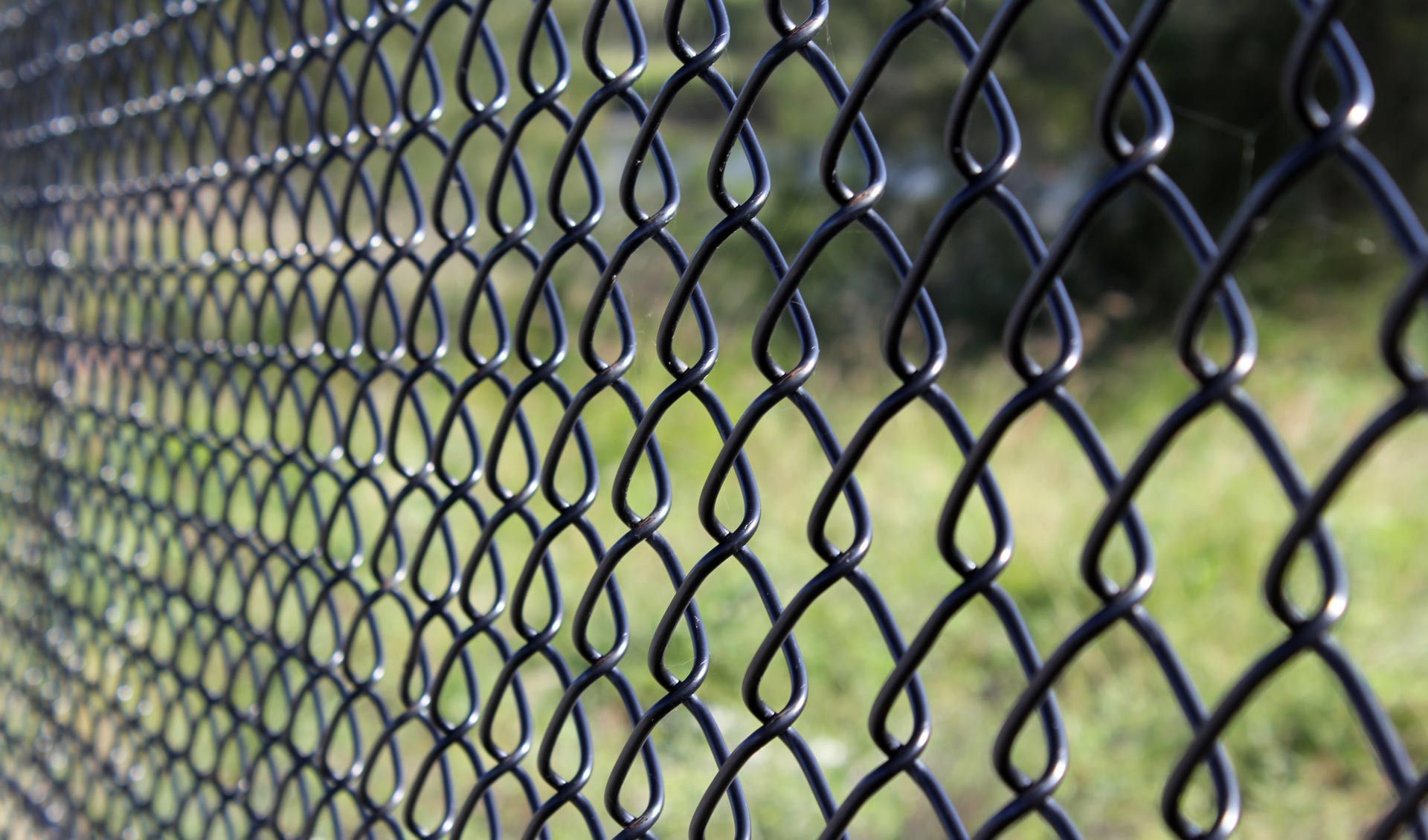 A close up of a chain link fence in the grass