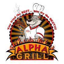 A wolf chef in a toque holding a grill fork stands before a flame-filled background with the text "ALPHA GRILL."