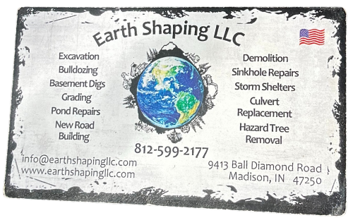 The original business card for Earth Shaping LLC in Madison, IN