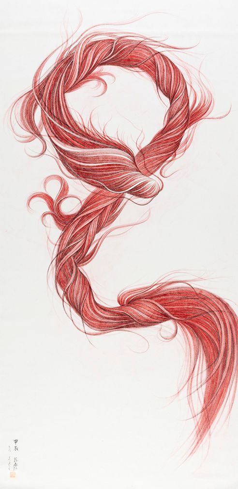 A drawing of a red scarf with a long tail on a white background.