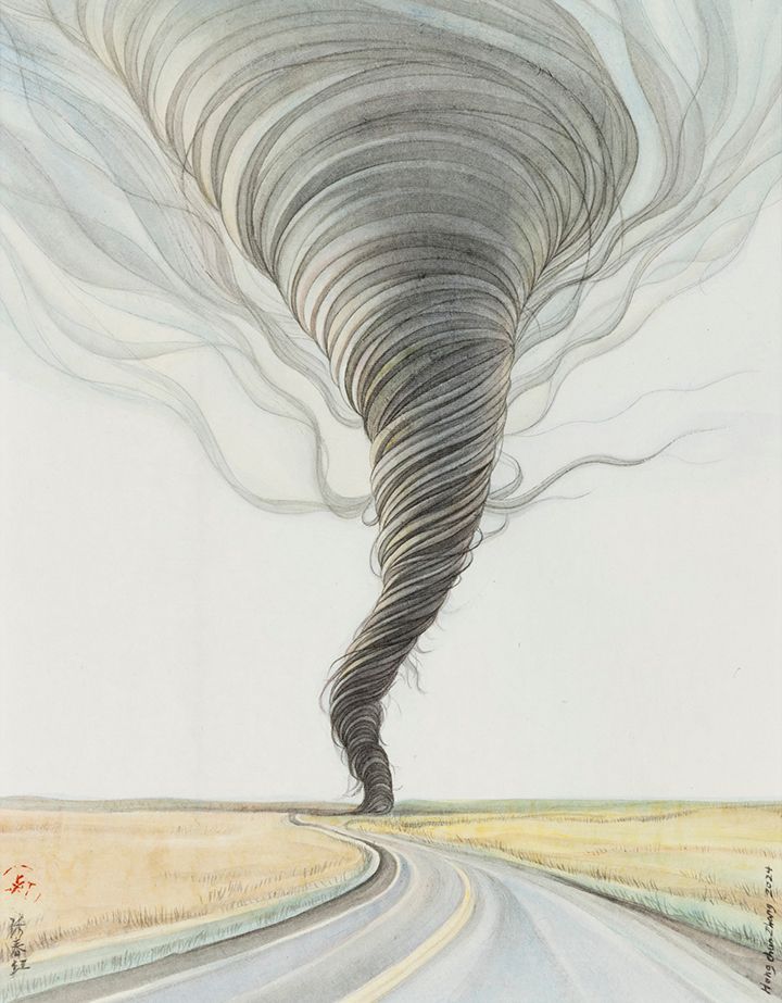 Tornado over a rural road, gray spiral funnel descends from cloudy sky.