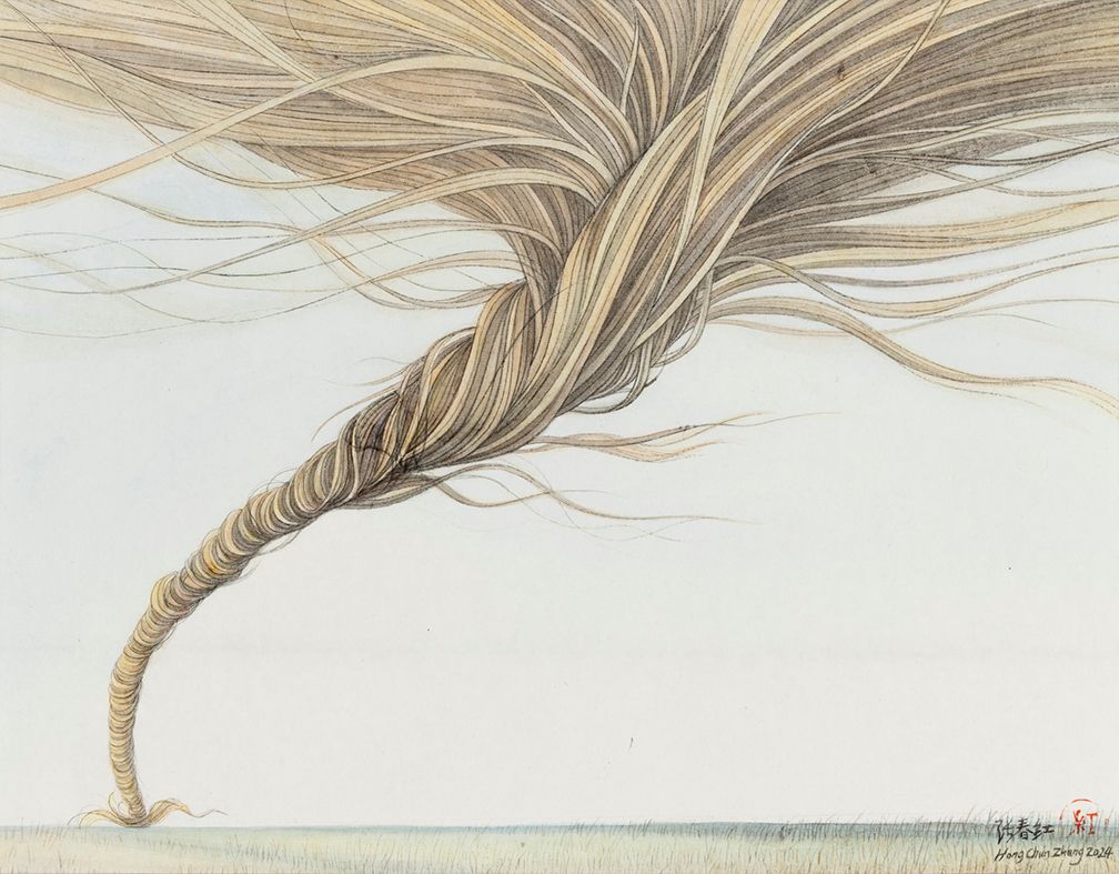 A detailed drawing of a tornado made of bundled tan strands, touching down in a grassy field.