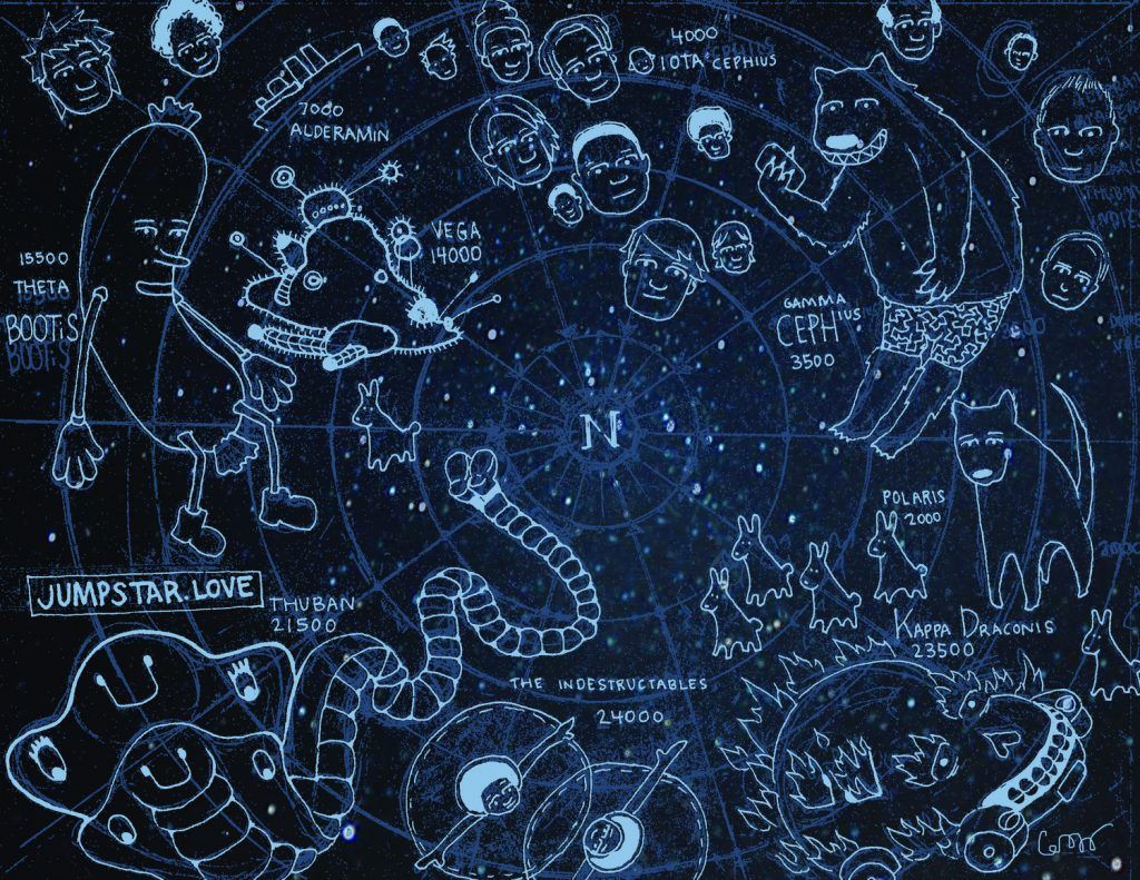 A drawing of a constellation with the words jumpstart love at the bottom