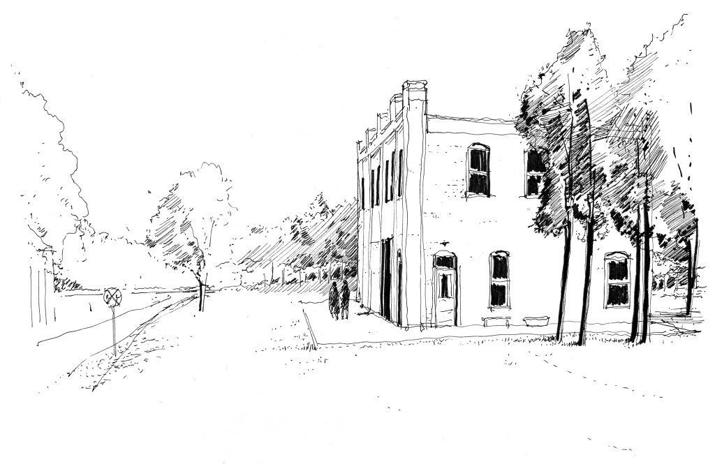 A black and white drawing of a house with trees in front of it.