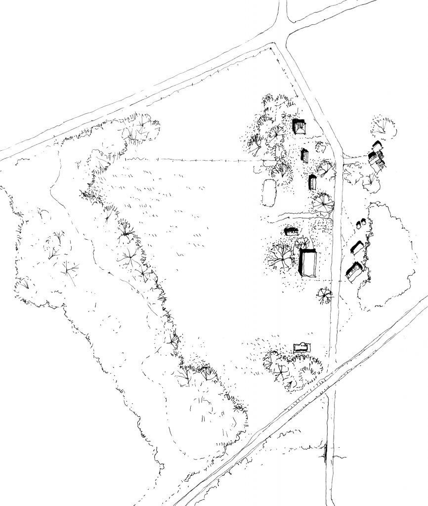 A black and white drawing of a field with trees and a road.