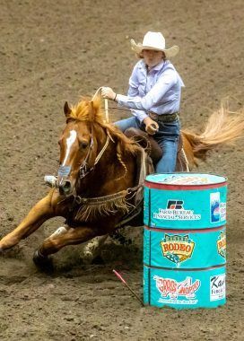 Cowgirl on a brown horse, rounding a blue barrel in a rodeo arena.