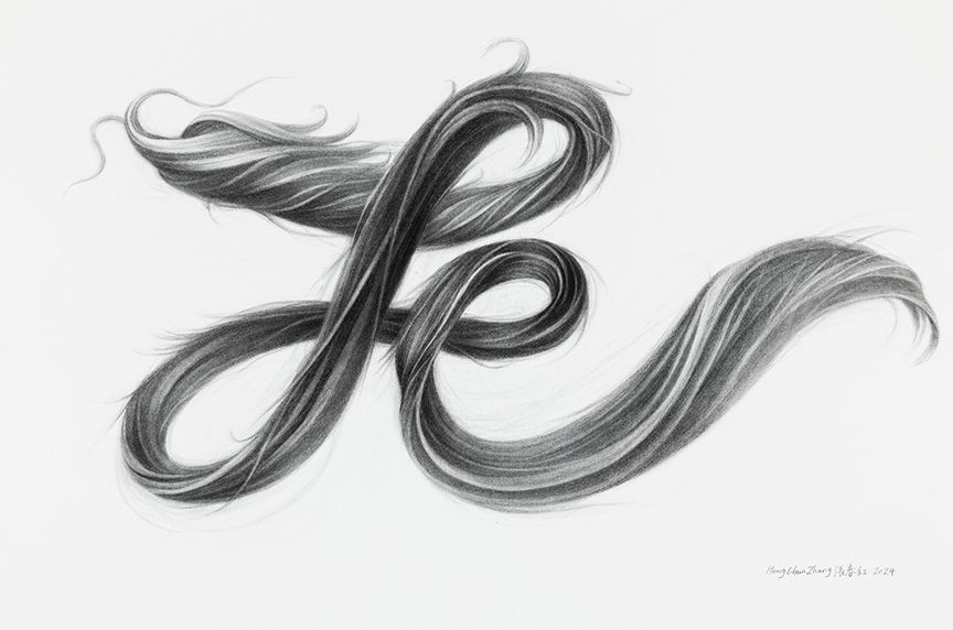 Pencil drawing of long, flowing dark hair styled into the letter 