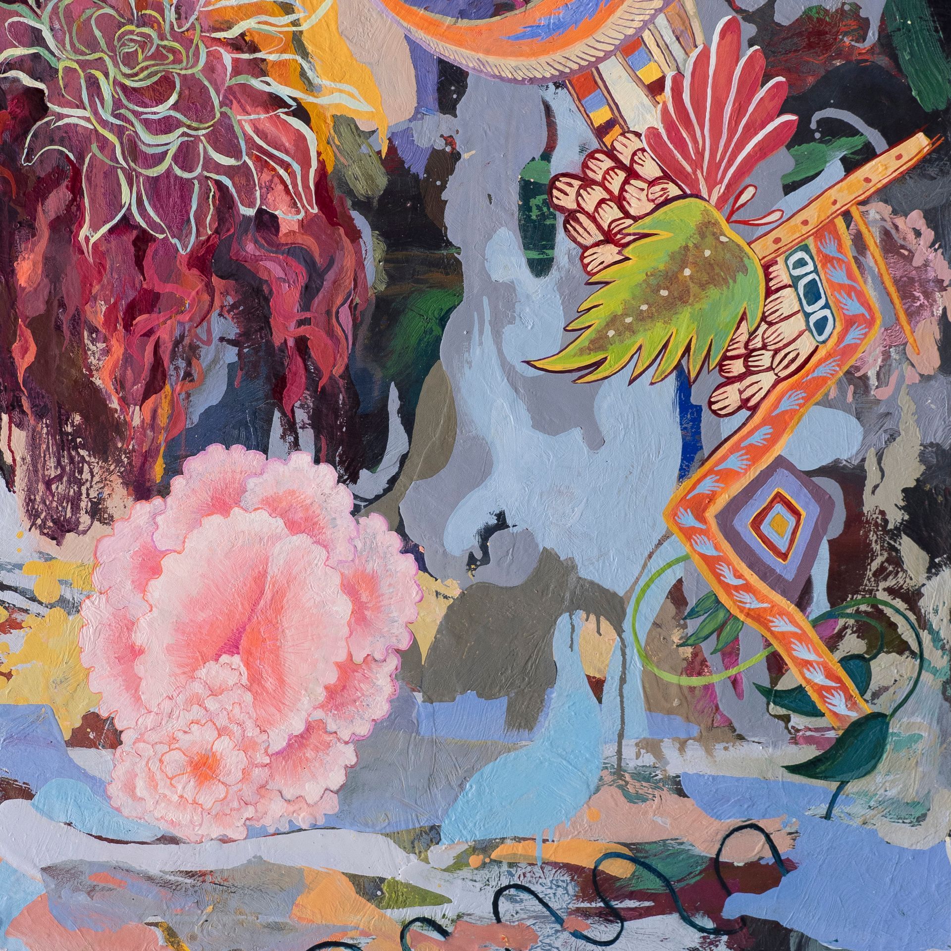 Abstract floral artwork; pink and purple blooms, turquoise shapes, and ornate frame.