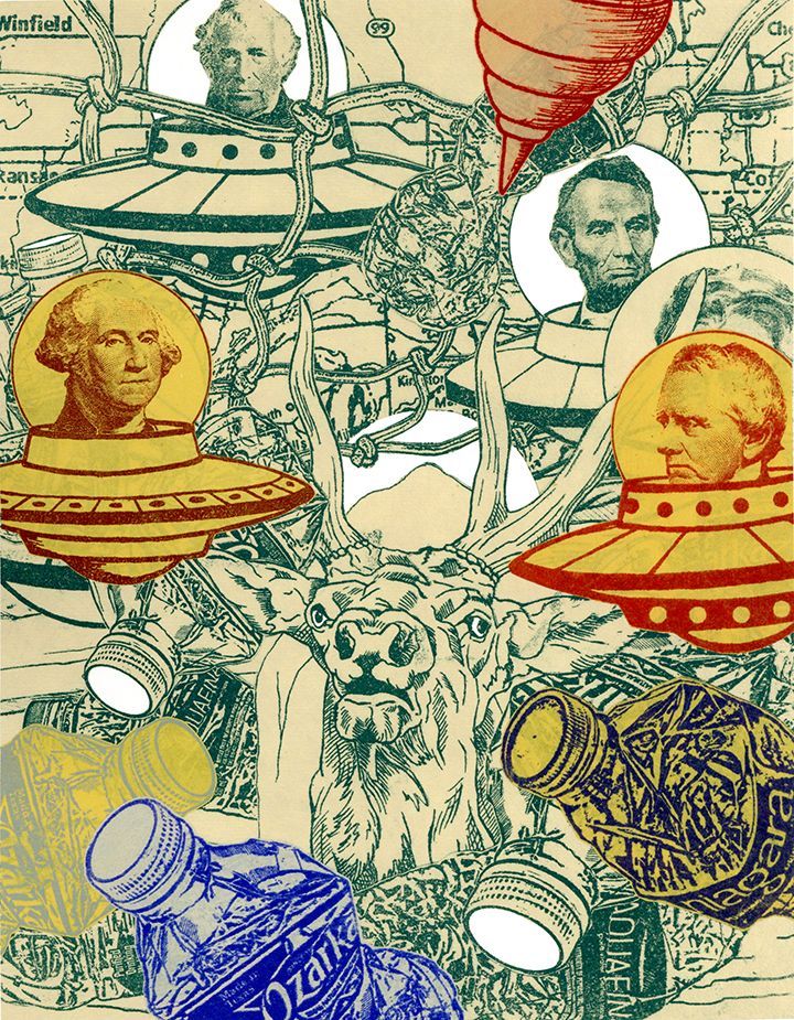 Collage: U.S. Presidents in UFOs, deer skull, water bottles, map background.