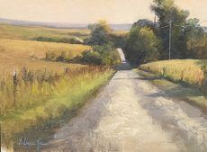 A painting of a country road surrounded by fields and trees.