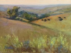 A painting of a herd of cows grazing on a hillside.