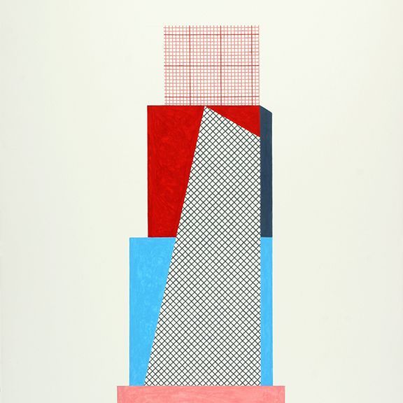 Abstract geometric tower with red, blue, gray, and pink blocks, and a red grid square at the top against a white background.