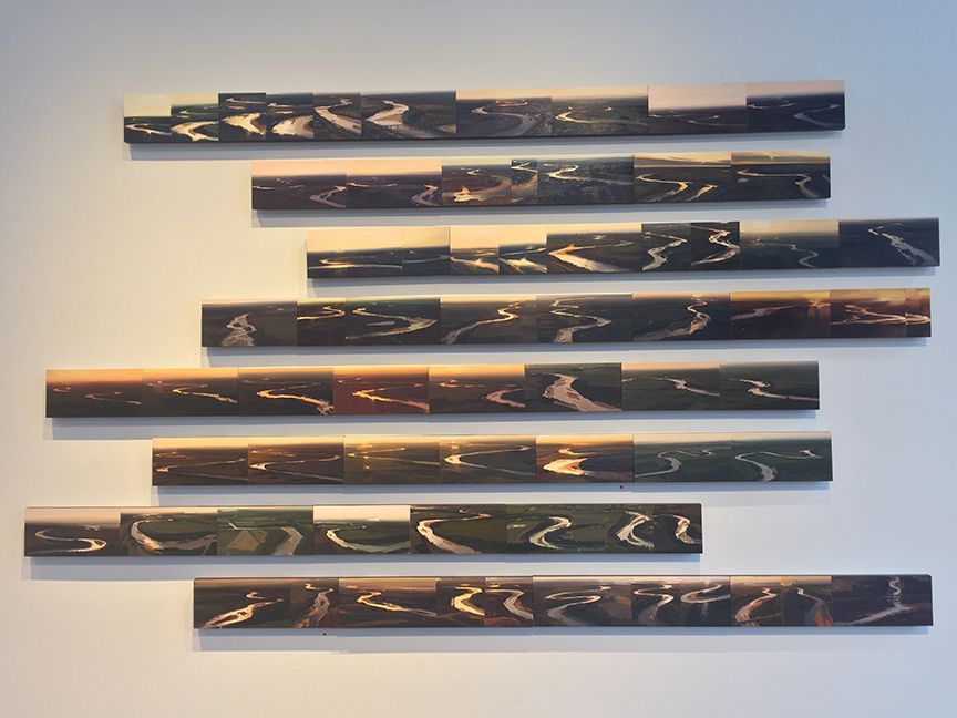 A row of paintings are hanging on a white wall.