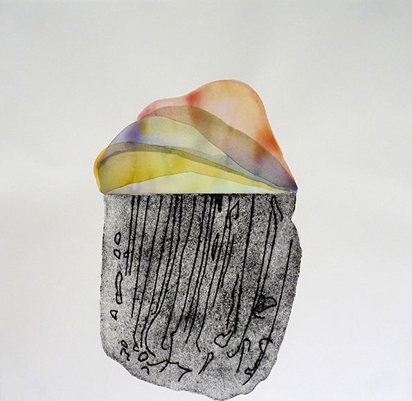 A drawing of a rock with a rainbow on top
