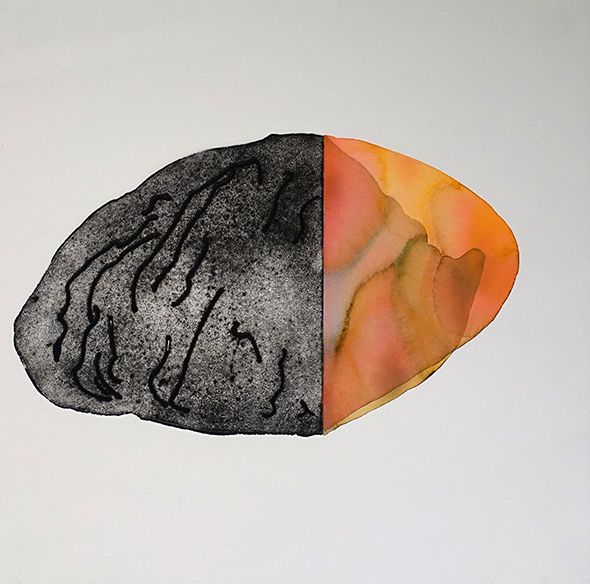 A split image: the left side is textured black, the right side is orange and pink, possibly abstract or organic.