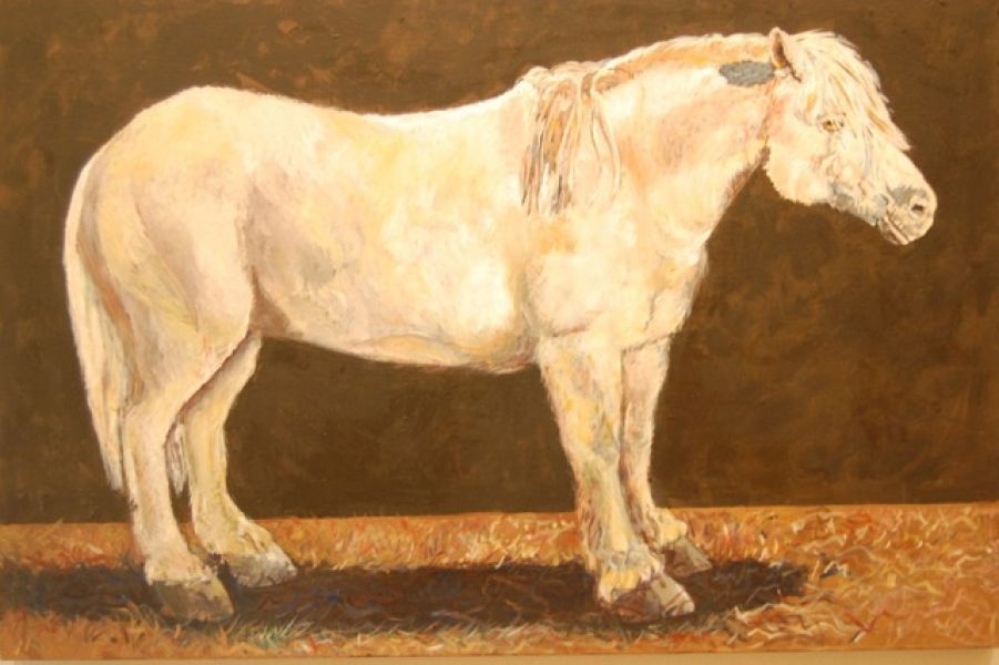 A painting of a white horse standing on a brown background