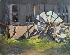 A painting of a windmill in front of a barn.