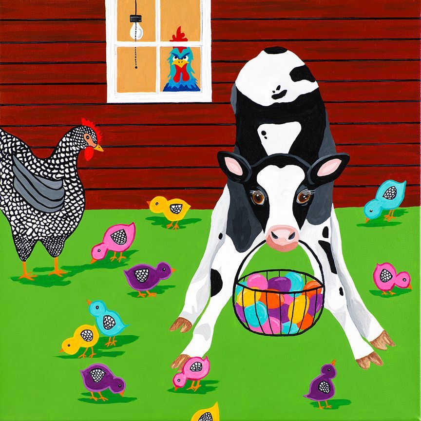 A cow carrying a basket of Easter eggs in a green field with chicks and a chicken.