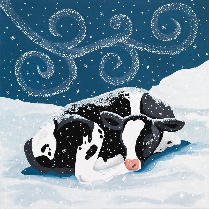 Cow asleep in the snow with a swirling snowstorm above.