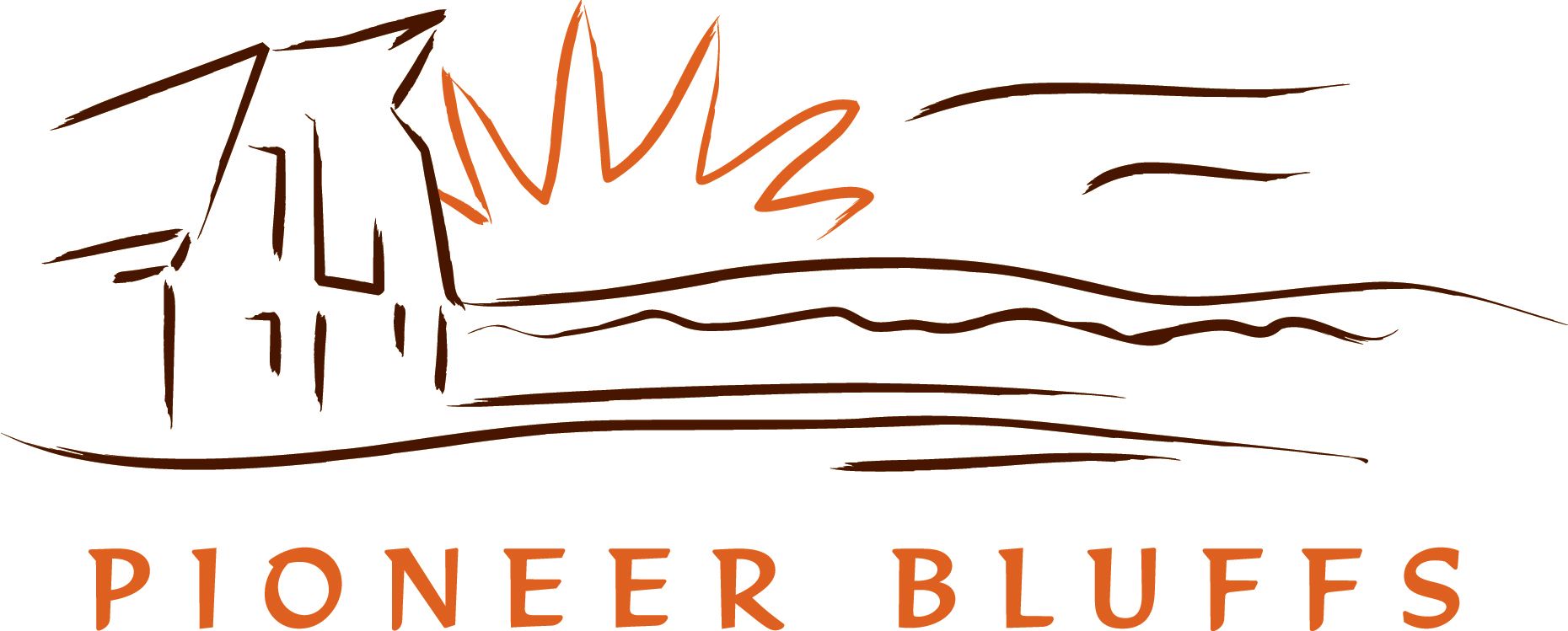 A logo for pioneer bluffs with a drawing of a sun and mountains