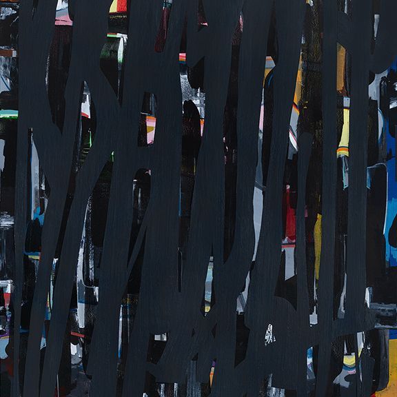 Abstract painting with vertical black brushstrokes over a colorful background.