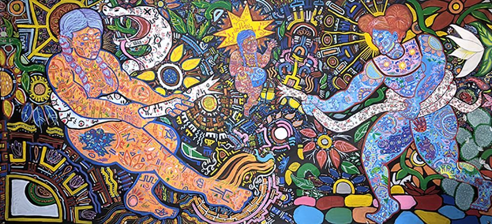 A colorful painting of two people standing next to each other.
