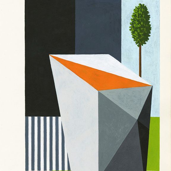 Geometric artwork with a white structure with orange roof, striped wall, and tree on a pale blue background.