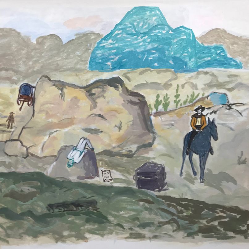 A western-themed scene with figures, rocks, a blue mountain, and a cowboy on horseback.
