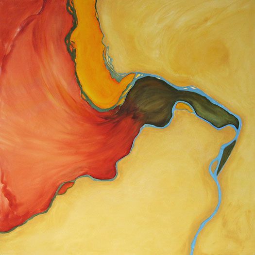 A painting of a river flowing through a desert