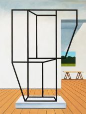 A geometric black sculpture on a white pedestal in a room with a window, sawhorse, and wood floor.