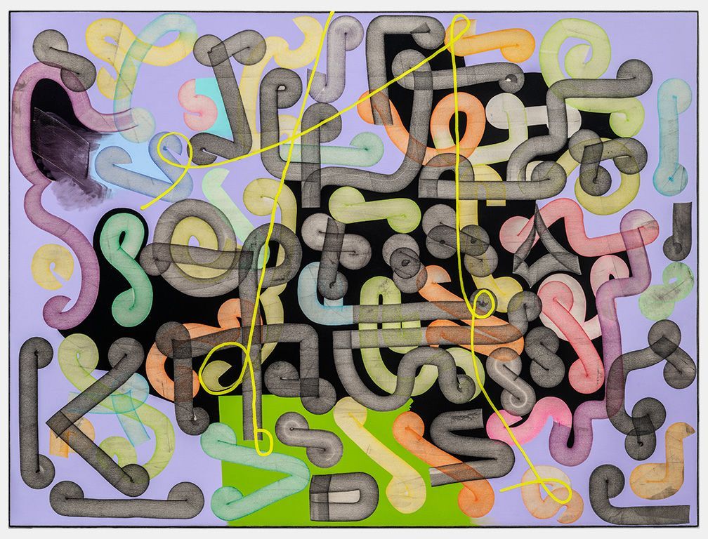 Abstract artwork with looping, thick lines in various colors on a lavender background; yellow lines overlap.