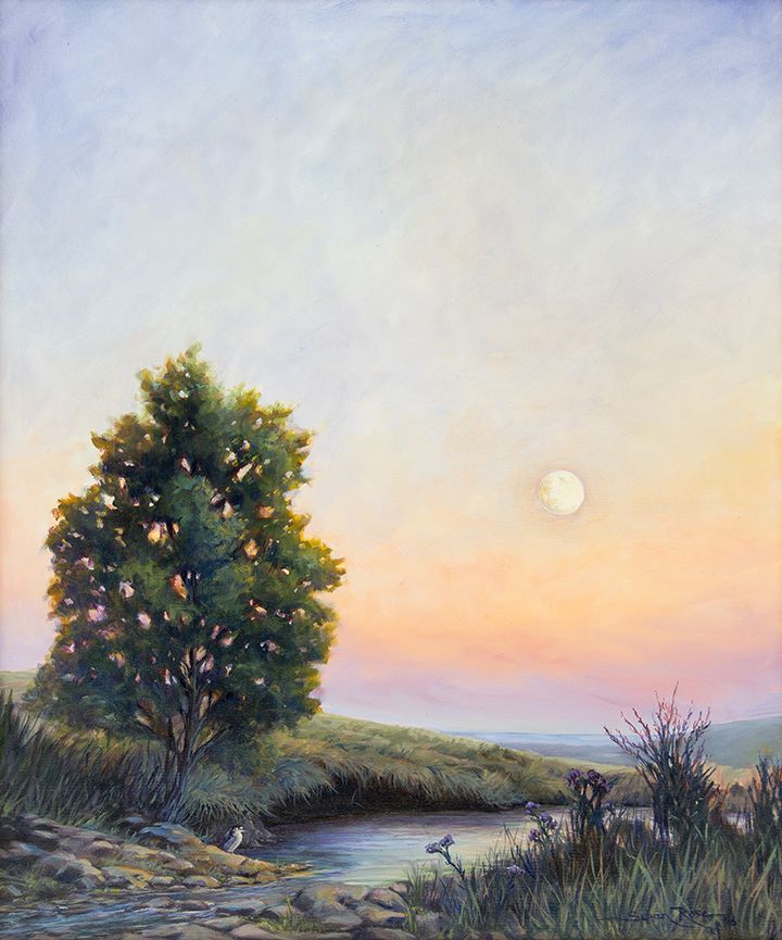 A landscape with a tree by a river at sunset; moon in the sky. Soft colors: orange, pink, green.