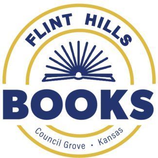 Logo for Flint Hills Books in Council Grove, Kansas: a blue open book with rays, inside a gold circle. Text in blue and gold.