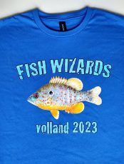 A blue t-shirt with a picture of a fish on it.
