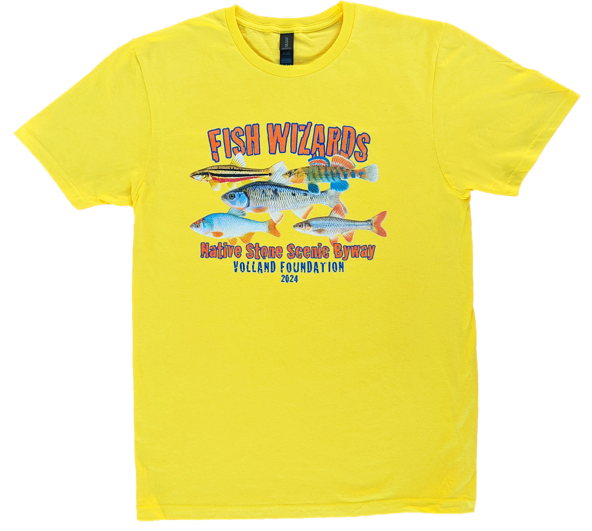 A yellow t-shirt that says fish wizards on it