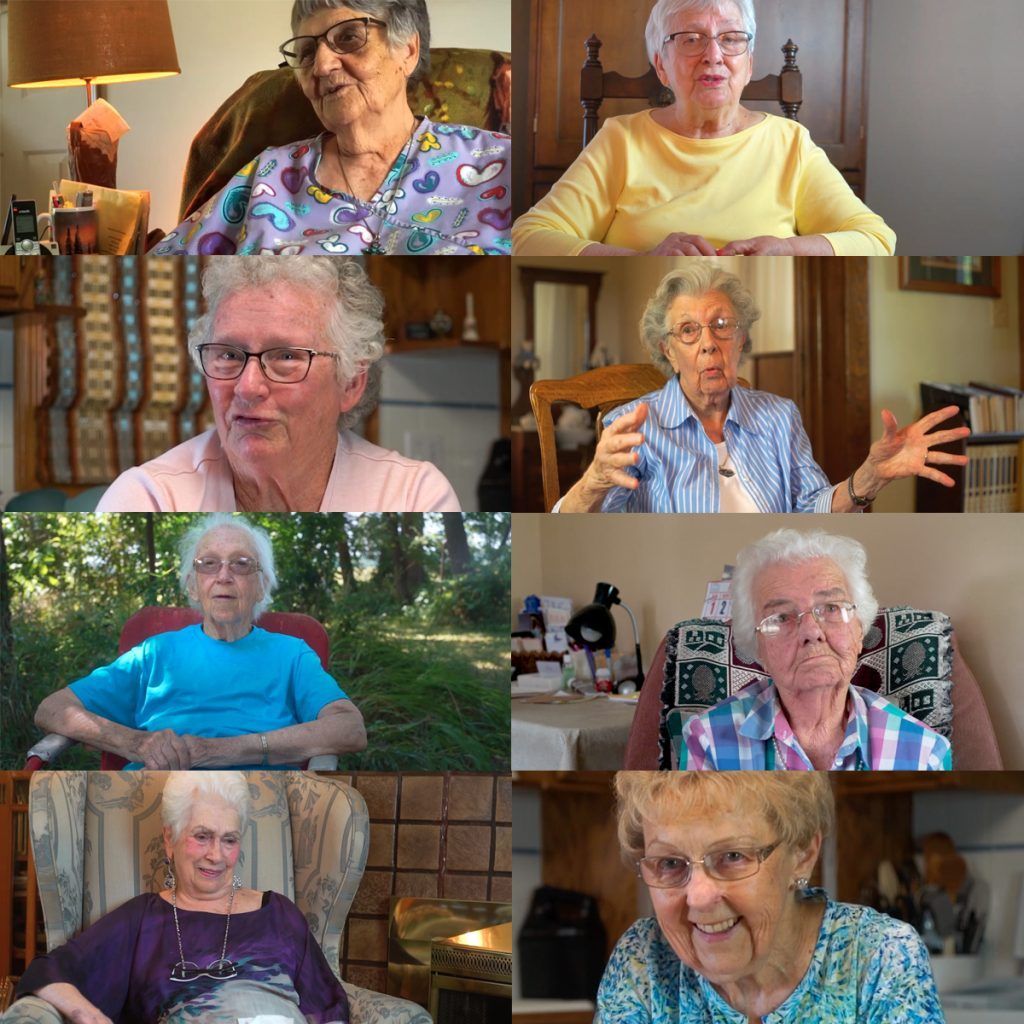 Eight elderly women in various settings, talking or smiling.